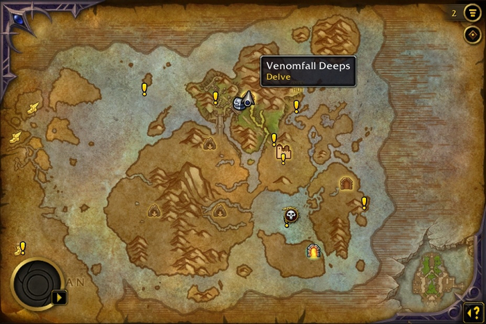 Расположение Venomfall Deeps на карте Спирального острова Карта Спирального острова с отметкой входа в вылазку