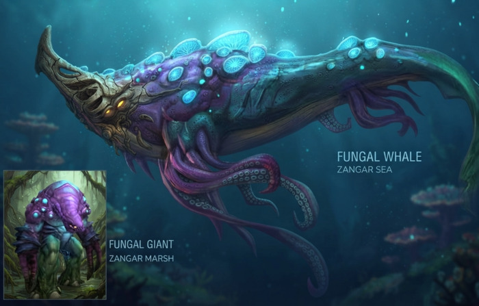 Концепт-арт мирового босса Fungal Whale и существа Fungal Giant Огромный фиолетовый кит со светящимися грибами на спине