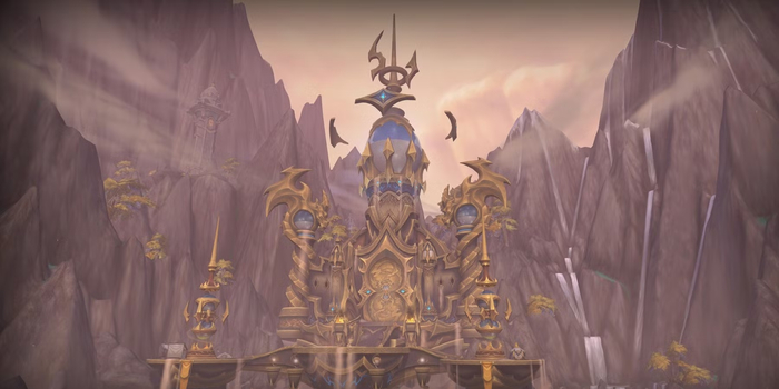 Событие Бурные потоки времени в World of Warcraft Величественный золотой храм на фоне гор в WoW