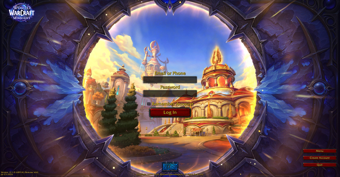 Экран авторизации World of Warcraft Midnight с версией 12.1 Финальная предрелизная сборка патча 12.1 на экране входа WoW