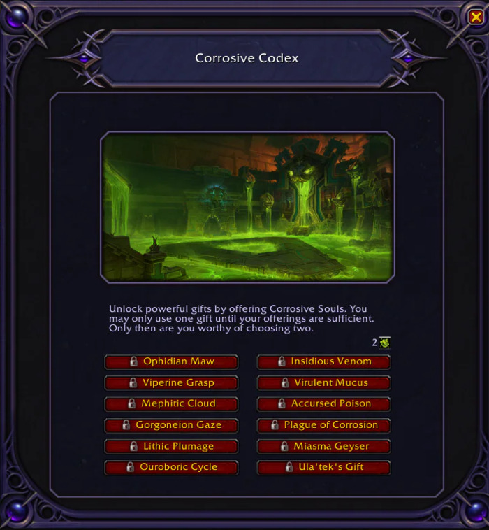 Интерфейс Corrosive Codex со списком пассивных способностей Меню выбора способностей в фолианте Corrosive Codex