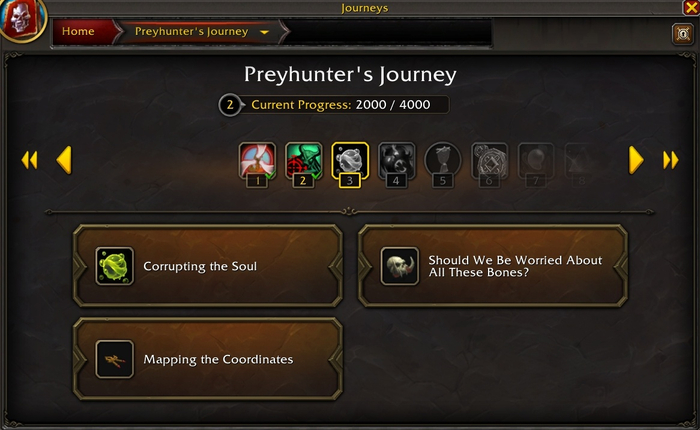 Интерфейс шкалы Preyhunter's Journey со списком доступных активностей Накопление валюты и ранги шкалы Путь охотника